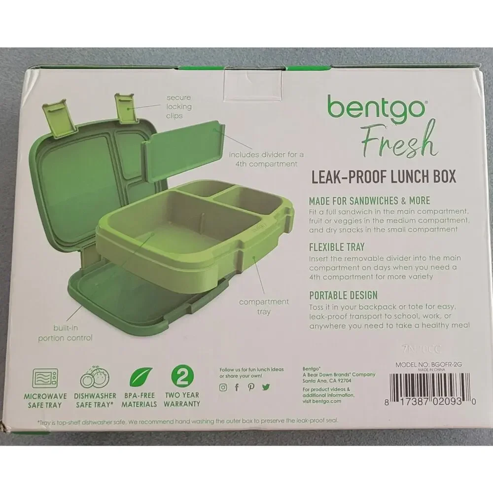 BENTGO FRESH Durable & Leak-Proof 4-Compartment Green Lunch Box--New!